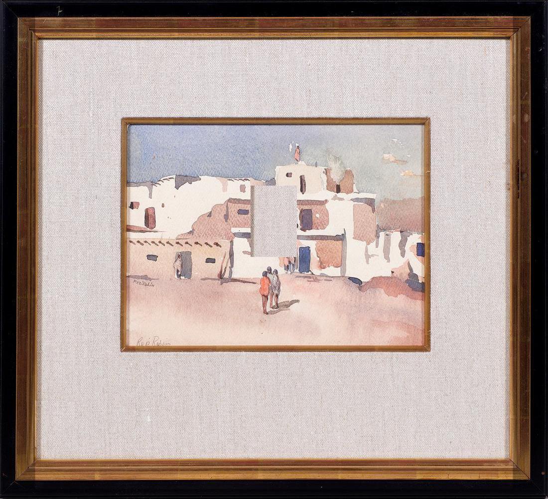 Red Robin (American, 1912-1991)
Taos Village, circa 1950's
Watercolor on paper
Signed in watercolor and in pencil lower left
Sight: 8.5"h x 11"w,
In a black and gilt frame with linen mat. Overall : 19"h x 21"w.

Red Robin was born Onecimo Quintana