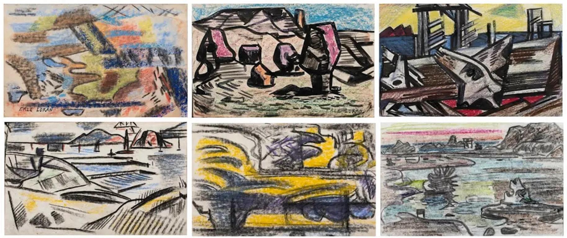 Erle Loran (américain, 1905-1999)
Ensemble de six paysages
Chaque technique mixte sur papier
Deux signatures, coins inférieurs droit et gauche
Feuille (la plus grande, non encadrée) : 8,25 "h x 11,25 "w. 

Loran était un artiste très influent de la