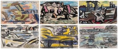 Erle Loran mixed media drawings of landscapes, set of 6