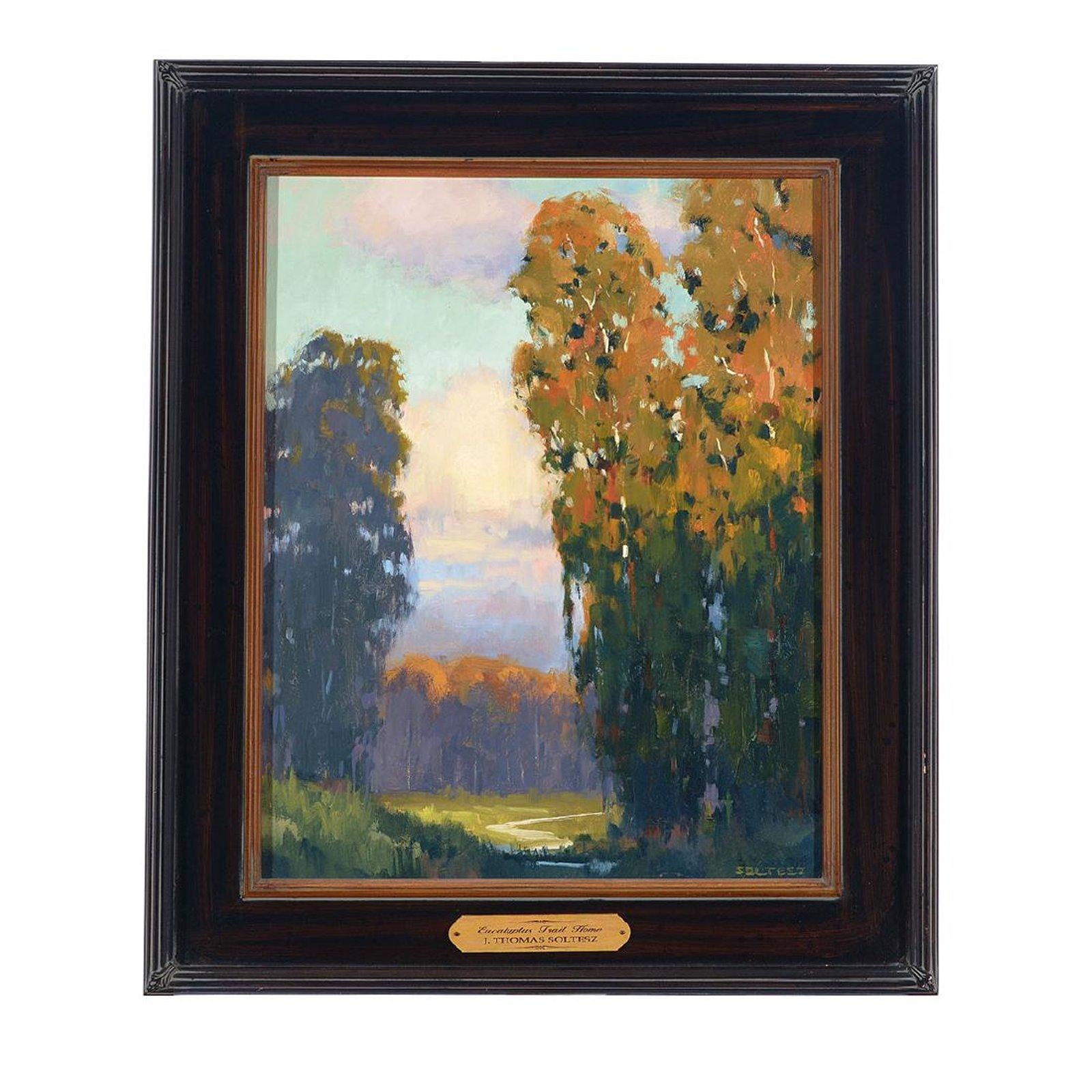 J. Thomas Soltesz (California, born 1955) 
Eucalyptus Trail Home 
Oil on canvas 
Signed lower right: Soltesz. With artist's name plate on frame. 
19 1/2in H X 15 1/2 L
Black and gilt frame: 26 x 21 3/4 inches. 

Based in Marin Country California,