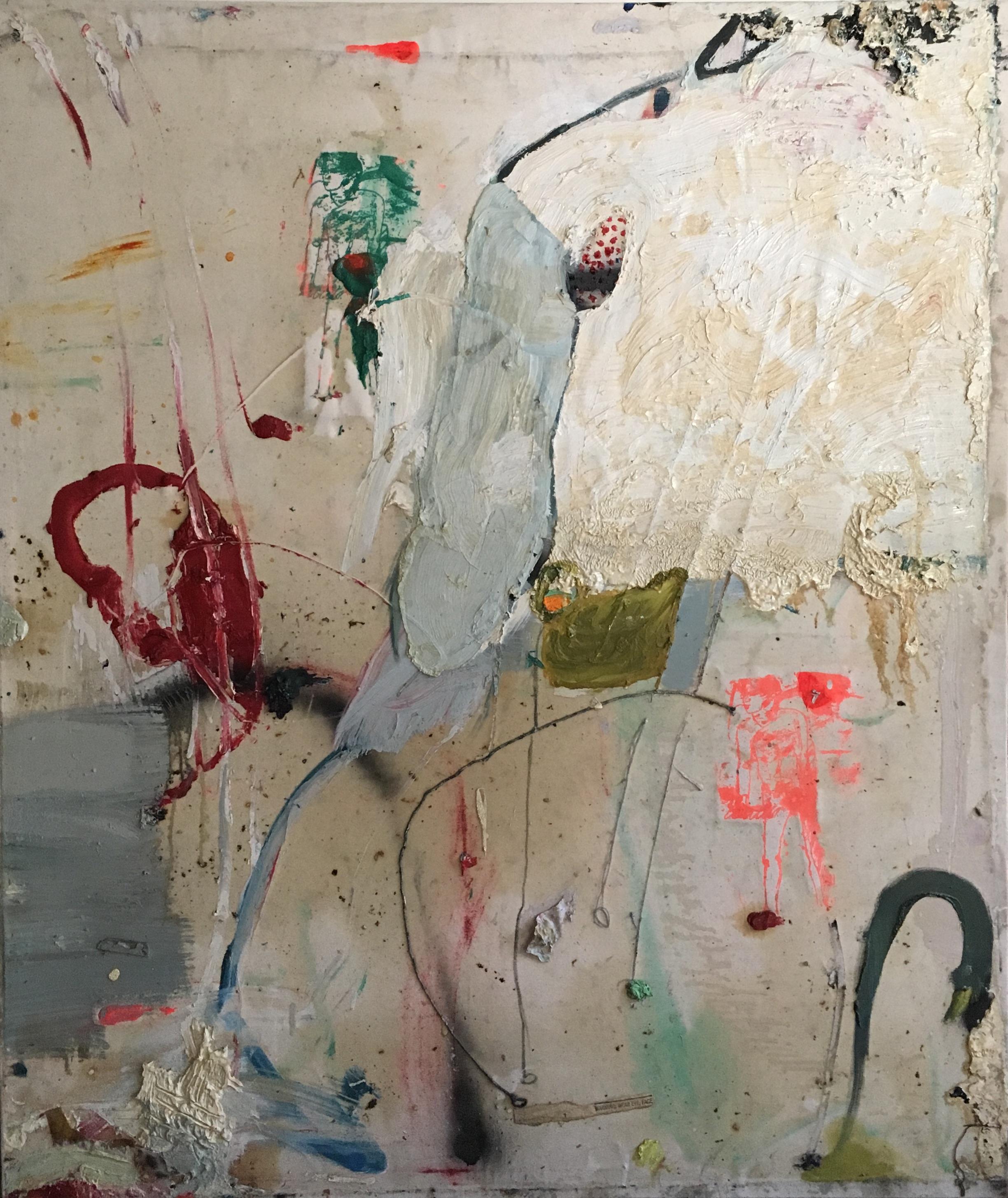 Christian Spruell (American, born 1971)
Samson and Dilouadid, 1995
Multi Media oil, spray paint, silkscreen on canvas
Signed on the verso
Unframed 50.5in H x 42.5in L 2in D

Various layers of coverage from bare canvas to extremely thick impasto. 