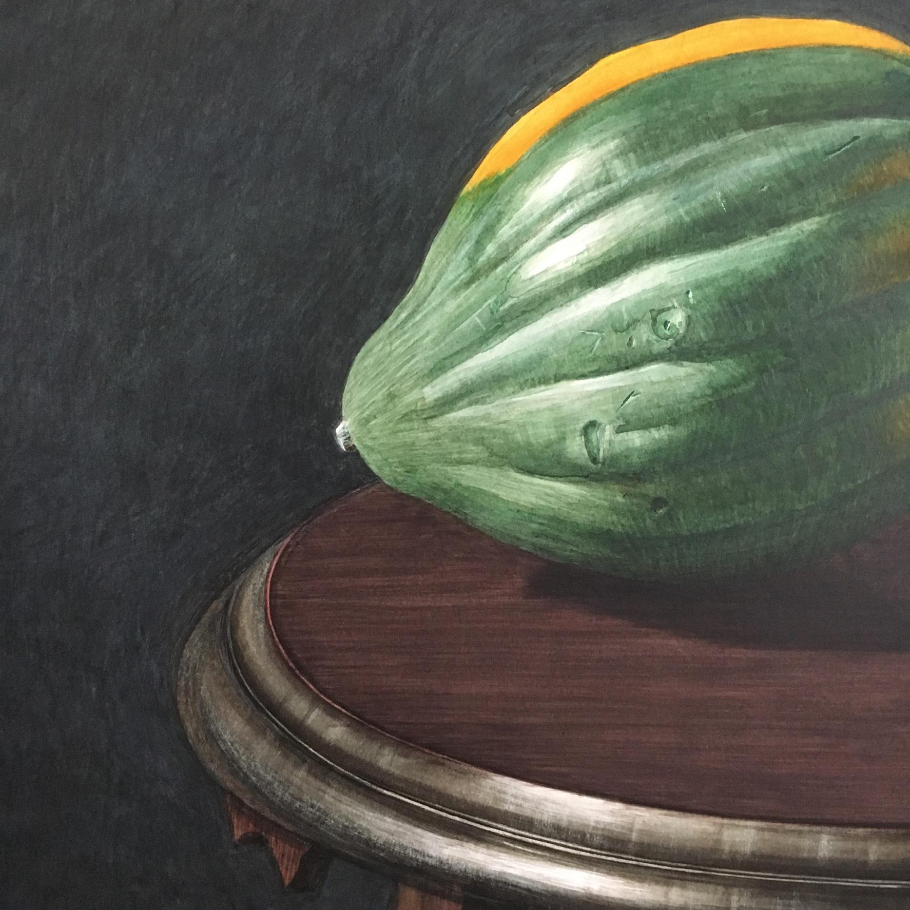 Still Life with Acorn Squash
Watercolor and gouache on Crescent Illustration board, 
Signed 'Roger Dodge' (lower right)
23in. H x 30in. W
In large gilt frame: 34in. H x 42in. W x 2in. L
This moody and elegant still life is incredibly executed and