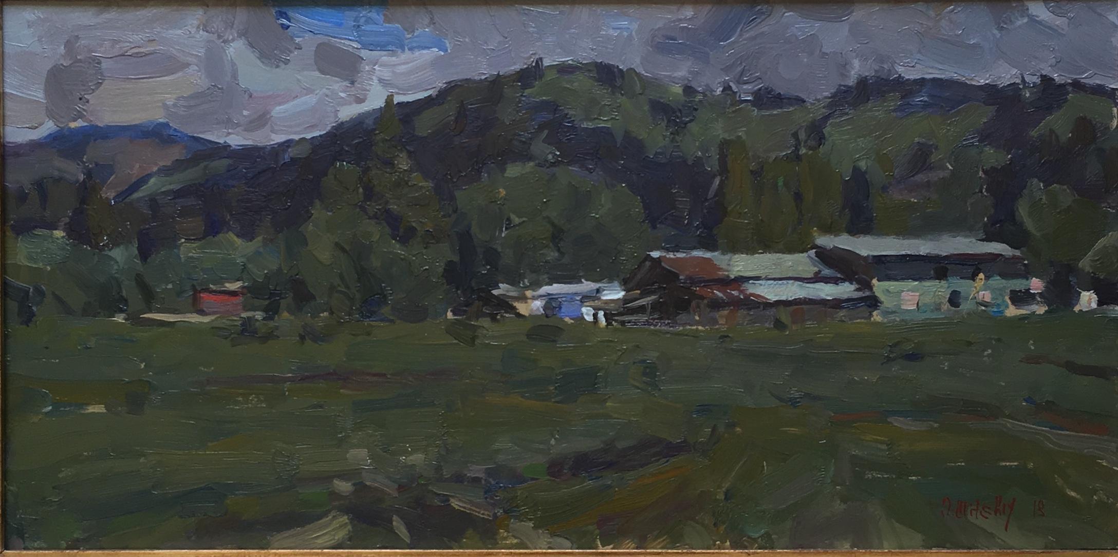 Oleg Ulitskiy (American/Ukrainian, b. 1965)
Cloudy Day Woodland WA, 2018
Oil on board
Signed and dated lower right
Titled on the verso12in H x 24 in L
In gilt frame: 18 3/4in H x 30 1/2in L x 1 3/4in D

Utilskiy was born and raised in Odessa,