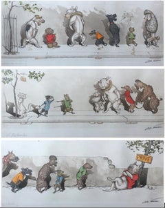 Set of three French  'The Dirty Dogs of Paris' hand colored signed prints 