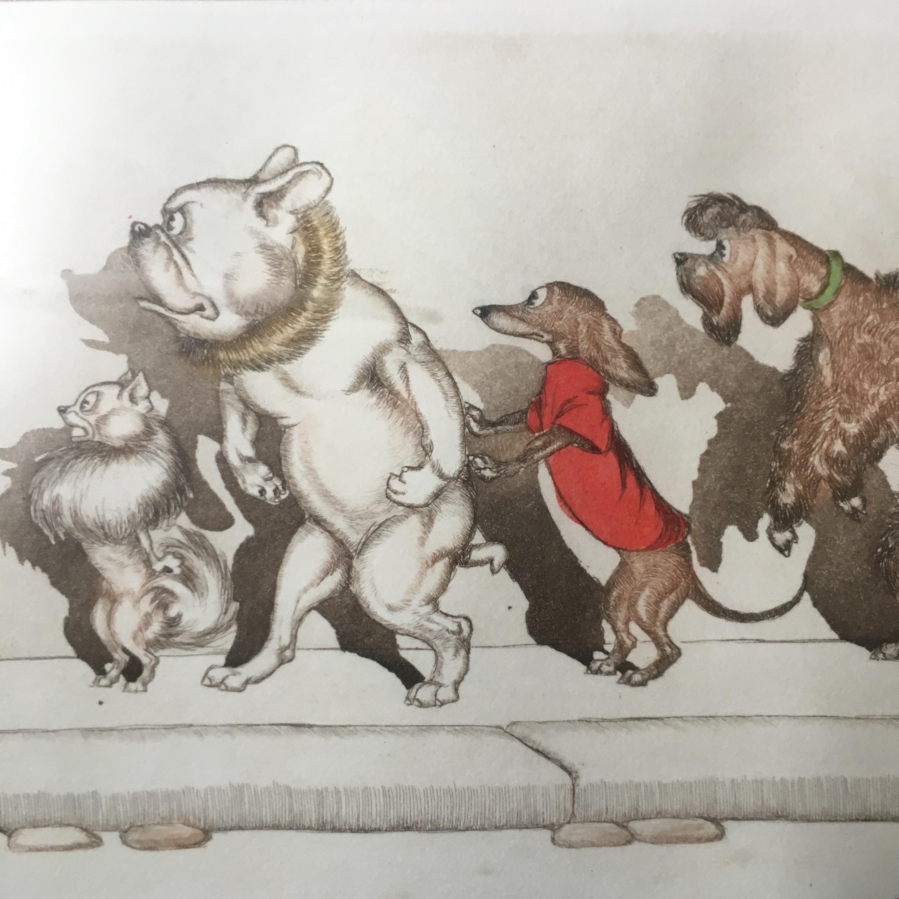 Set of three French  'The Dirty Dogs of Paris' hand colored signed prints - Gray Animal Print by Arthur Boris O'Klein