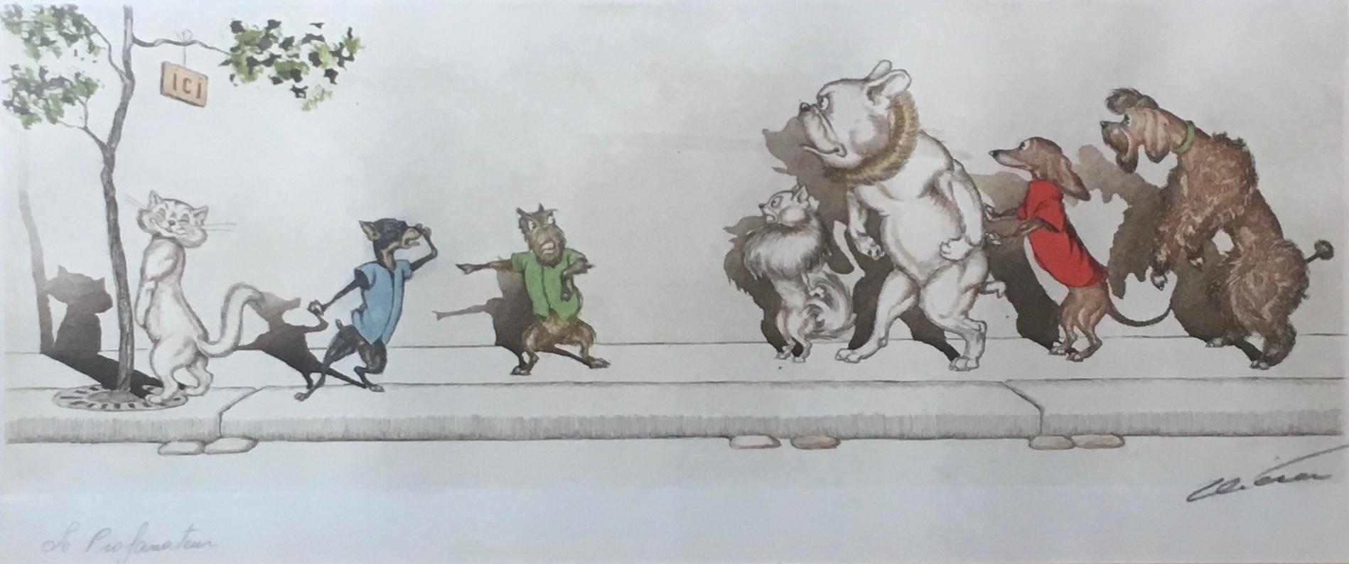 Set of three French  'The Dirty Dogs of Paris' hand colored signed prints 1