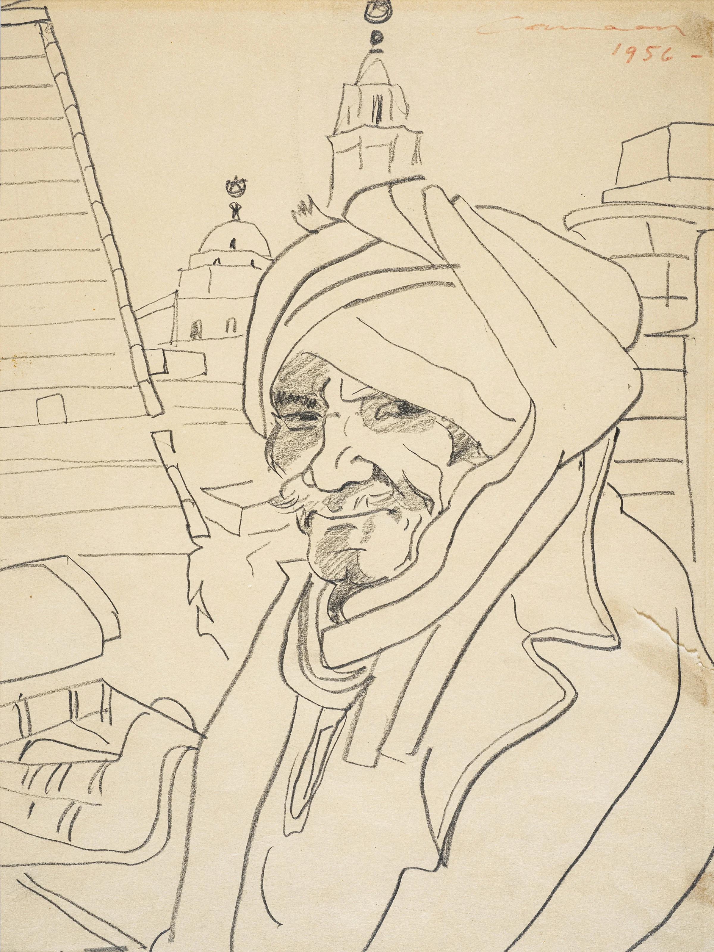 "Guardian of the Mosque" Drawing 14" x 10" inch by MOUNIR CANAAN
