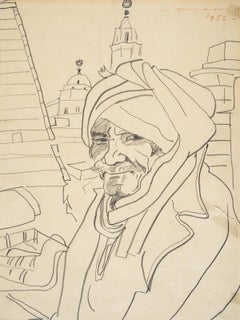 Used "Guardian of the Mosque" Drawing 14" x 10" inch by MOUNIR CANAAN