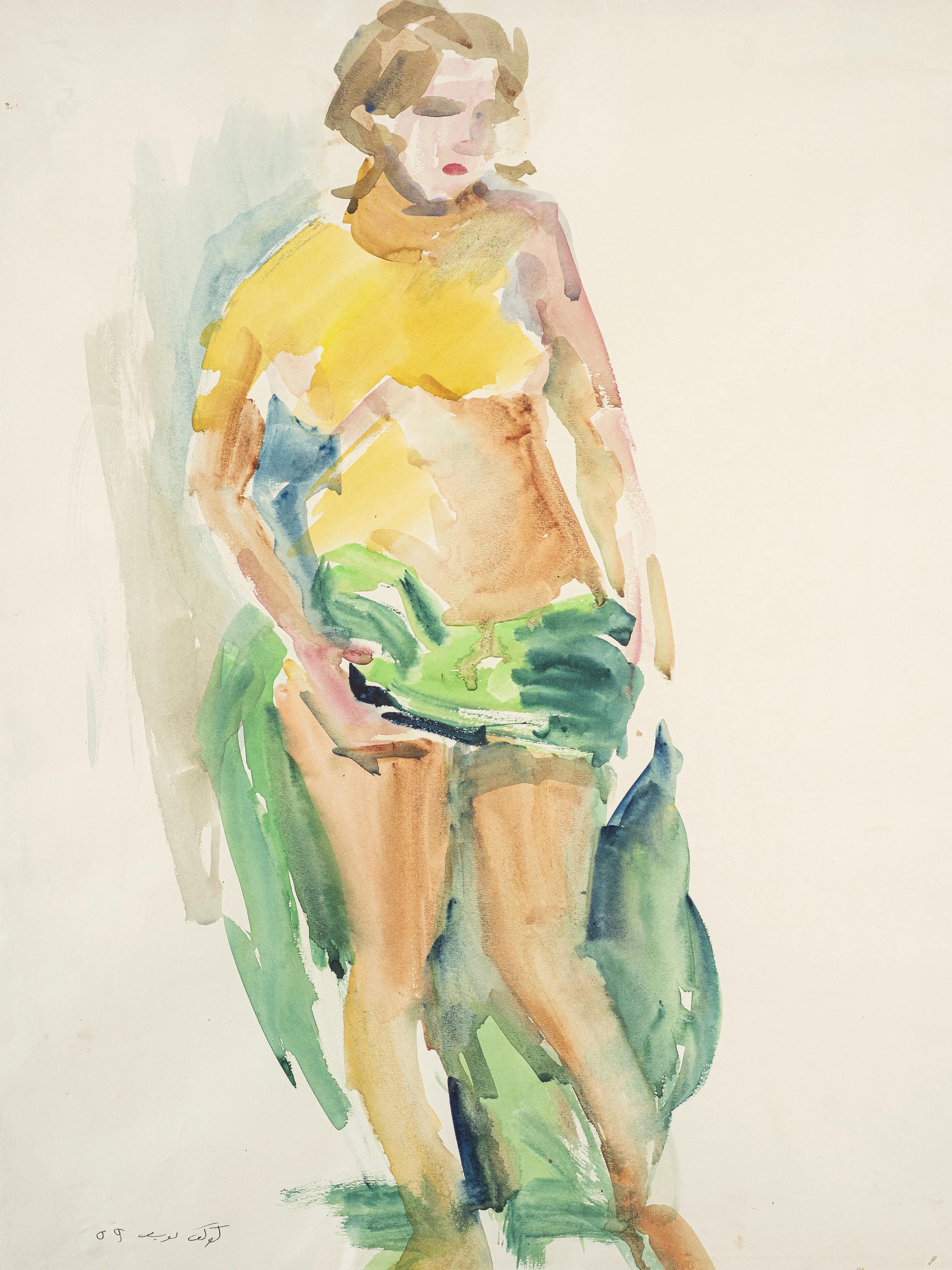 „Robed Woman“ Aquarellgemälde 24" x 16" Zoll (1959) von Kawkab Youssef 

Unterzeichnet und datiert 1959

Eine kurze Geschichte von Kawkab Youssef El-Assal: 
Mit ruhiger Hand schreibt sie diese Legende oben auf das erste von zwei DIN-A4-Papieren,