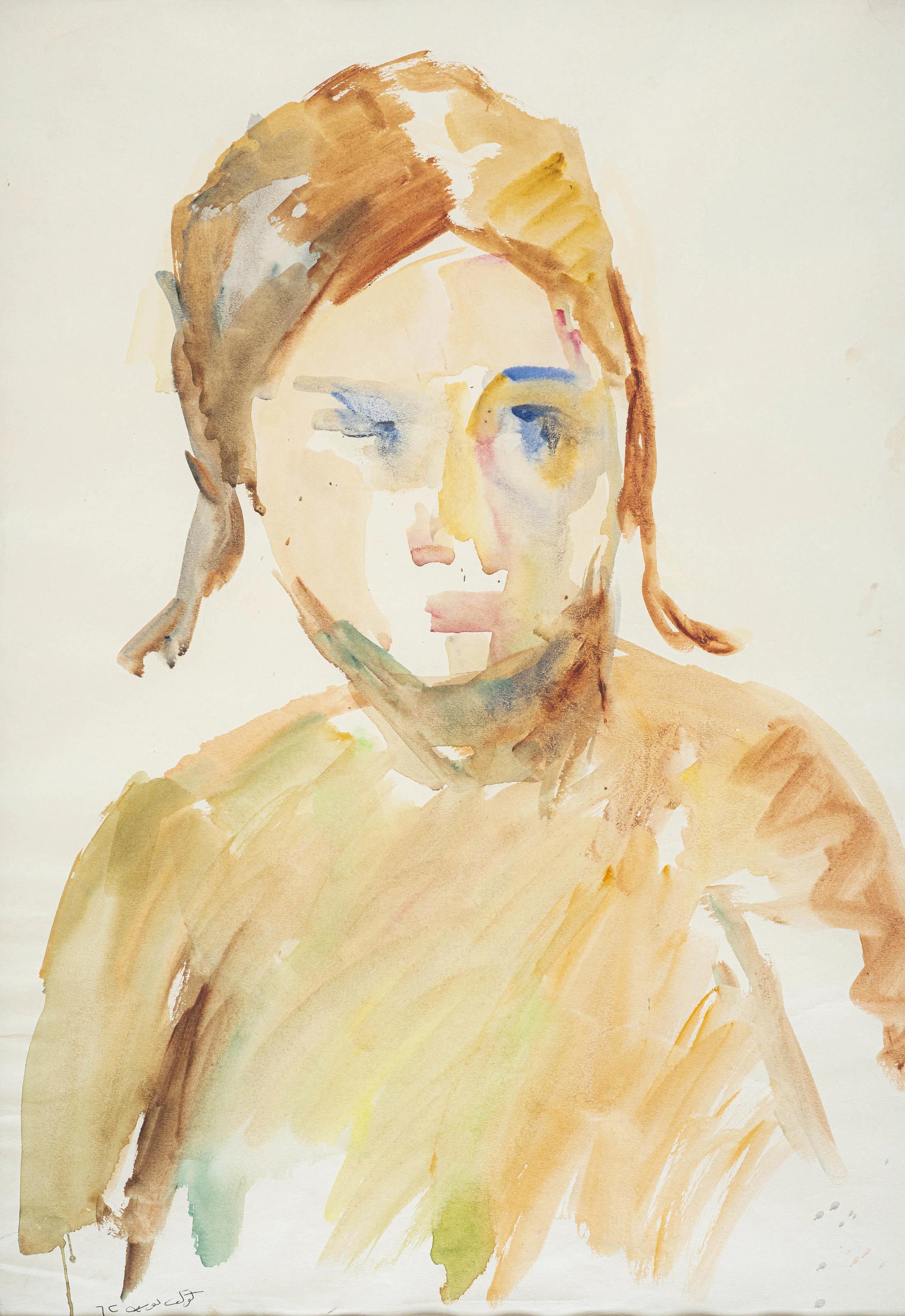 „Porträt der Frau I“ Aquarellgemälde 24" x 16" Zoll von Kawkab Youssef 

Unterzeichnet und datiert 1962

Eine kurze Geschichte von Kawkab Youssef El-Assal: 
Mit ruhiger Hand schreibt sie diese Legende oben auf das erste von zwei DIN-A4-Papieren,