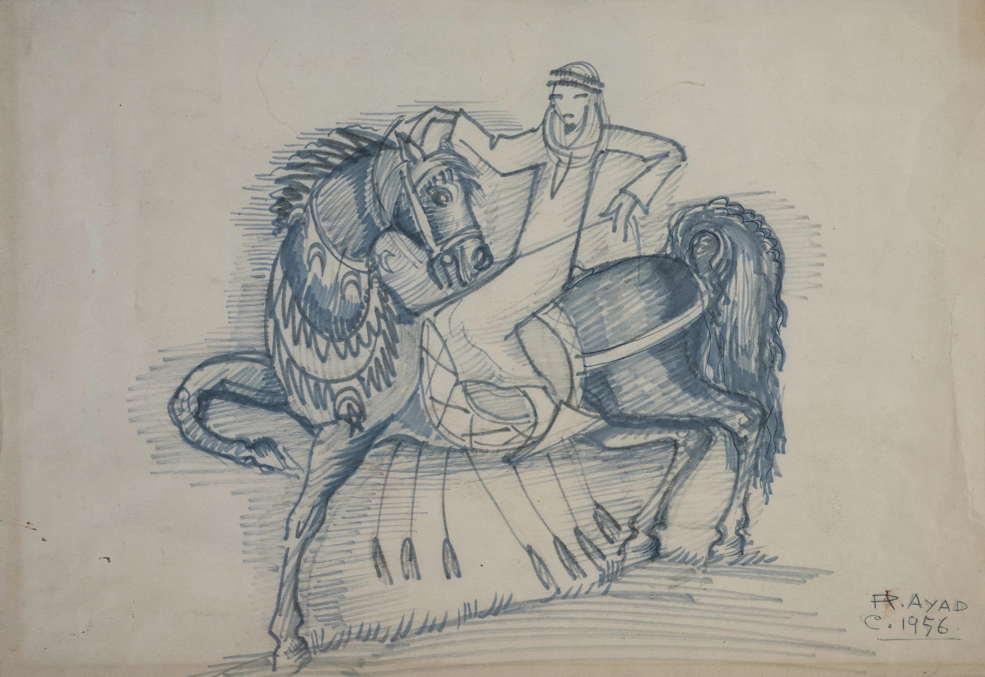 „Arabian Dressage“ (Doppelseitiges Gesicht) Gemälde 14" x 18" Zoll (1956) von Ragheb Ayad

unterzeichnet & datiert
Tinte auf Papier

Ragheb Ayad wurde am 10. März 1892 in Kairo geboren und besuchte die Schule der Schönen Künste seit ihrer Eröffnung