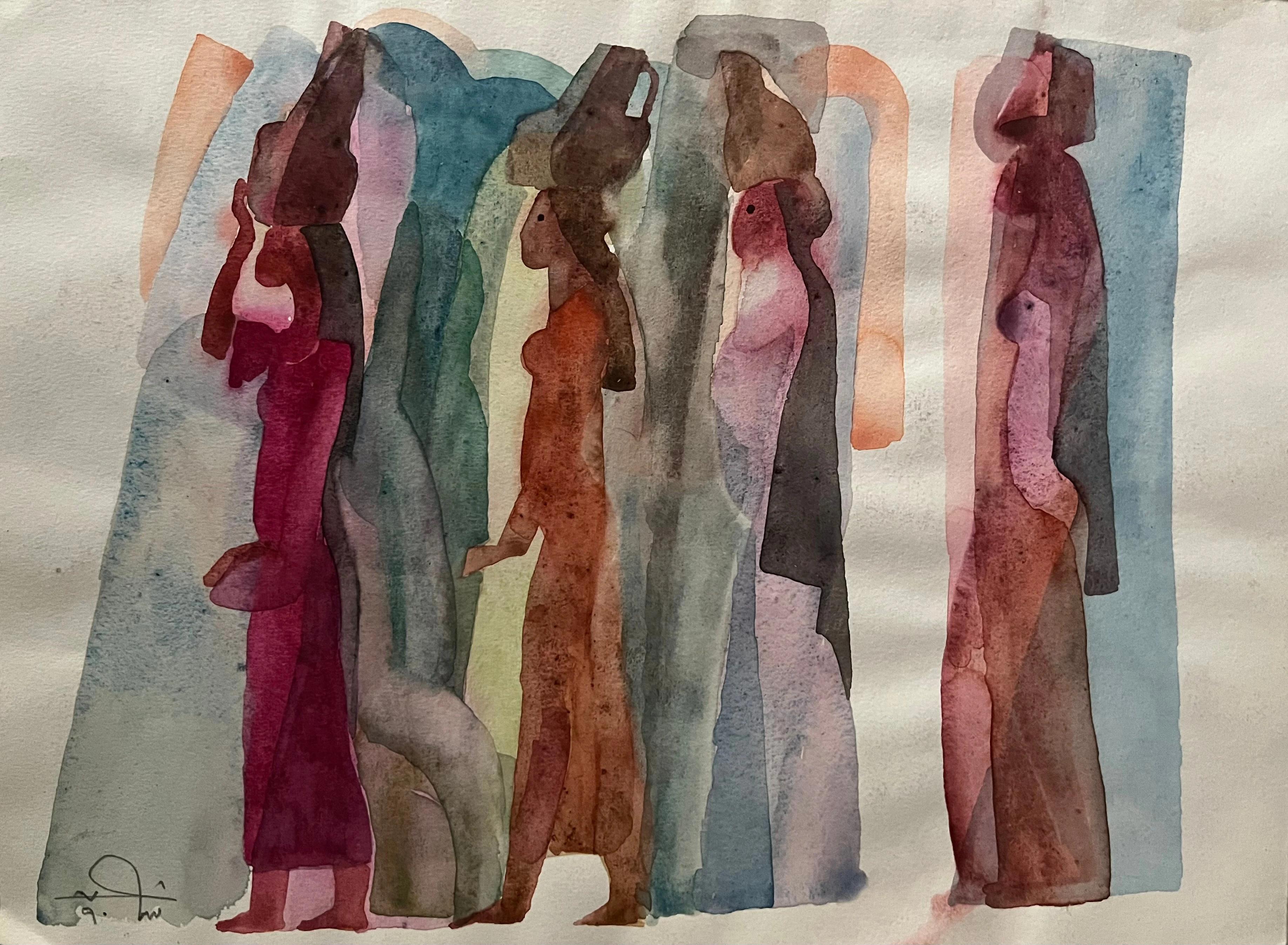 "Water Bearers" Watercolor painting 10" x 14" inch (1990) by Shaker El Maadawy