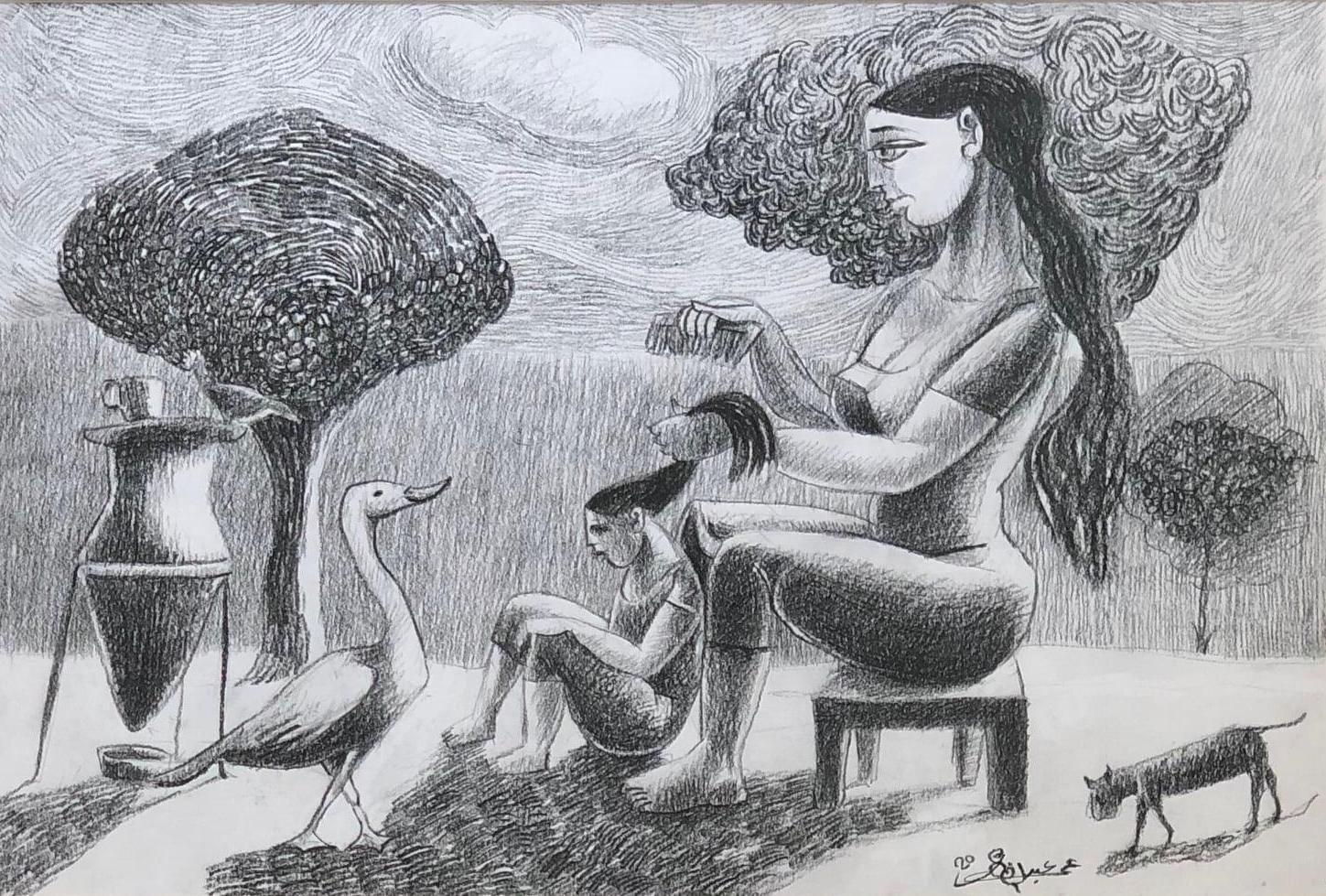 "Grooming" (FRAMED) Drawing 14.5" x 20.5" inch by Omar Abdel Zaher

Abdel Zaher is a graduate of the Academy of Fine Arts in Helwan and has been painting for three decades and has notably featured in a variety of collective exhibitions, including