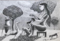 "Pflege" (gerahmt) Zeichnung 14.5" x 20.5" Zoll von Omar Abdel Zaher