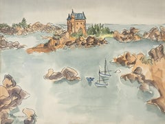Vintage "Ploumanac'h I" Watercolor on Paper 9" x 12.5" inch by Inji Efflatoun
