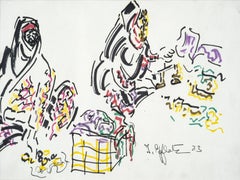 "At the Market" Inks on Paper 8" x 12" inch (1983) by Inji Efflatoun