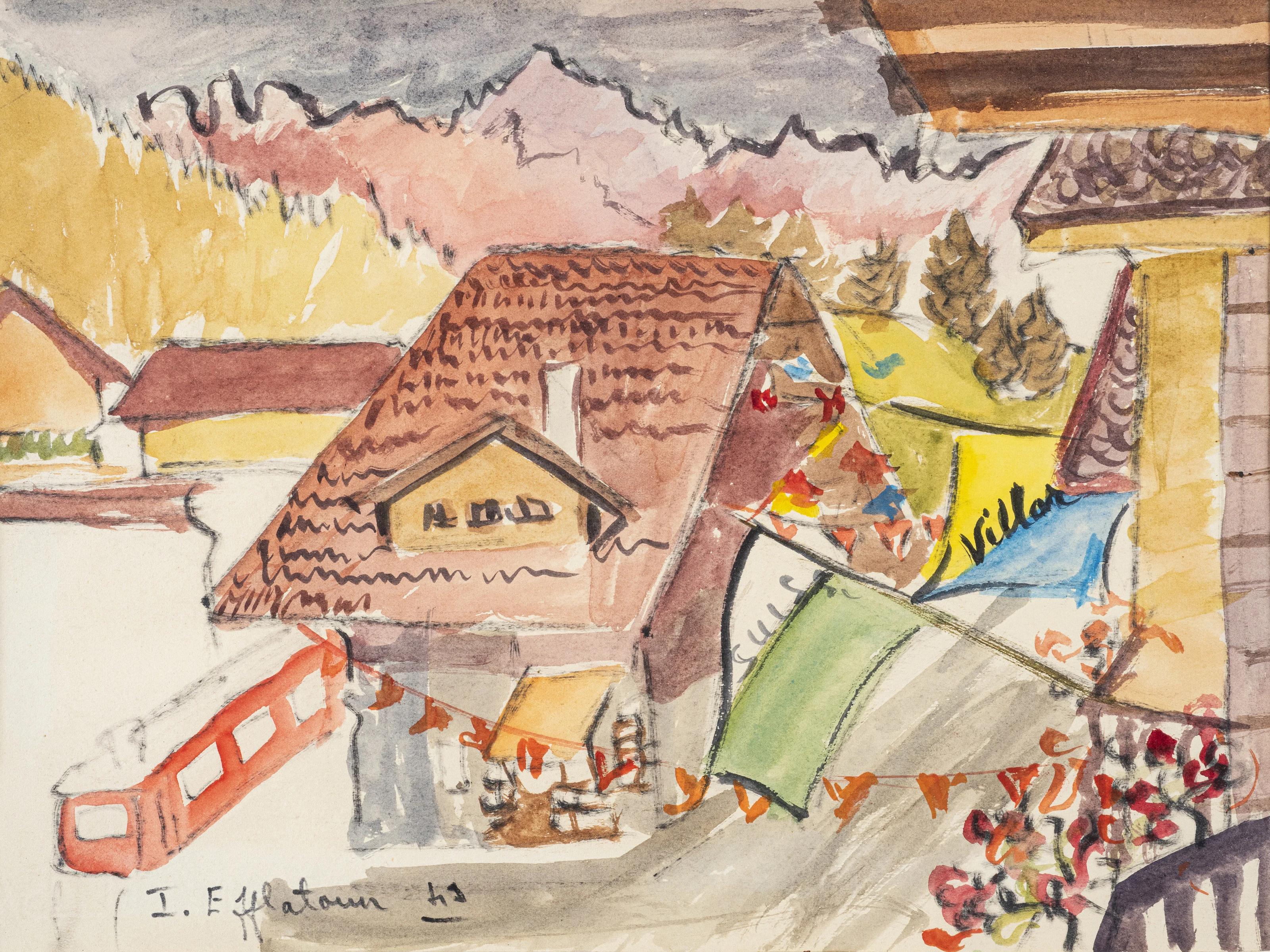Inji EFFLATOUN Landscape Art - "Swiss Village" Landscape Watercolor Painting 10" x 12" inch by Inji Efflatoun