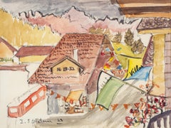 „Swiss Chalet II“ Landschaft, Aquarellgemälde 10x12in (1942) von Inji Efflatoun