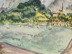 Vintage "Lac d'Annecy I" Landscape Watercolour Painting 8" x 14" inch by Inji Efflatoun