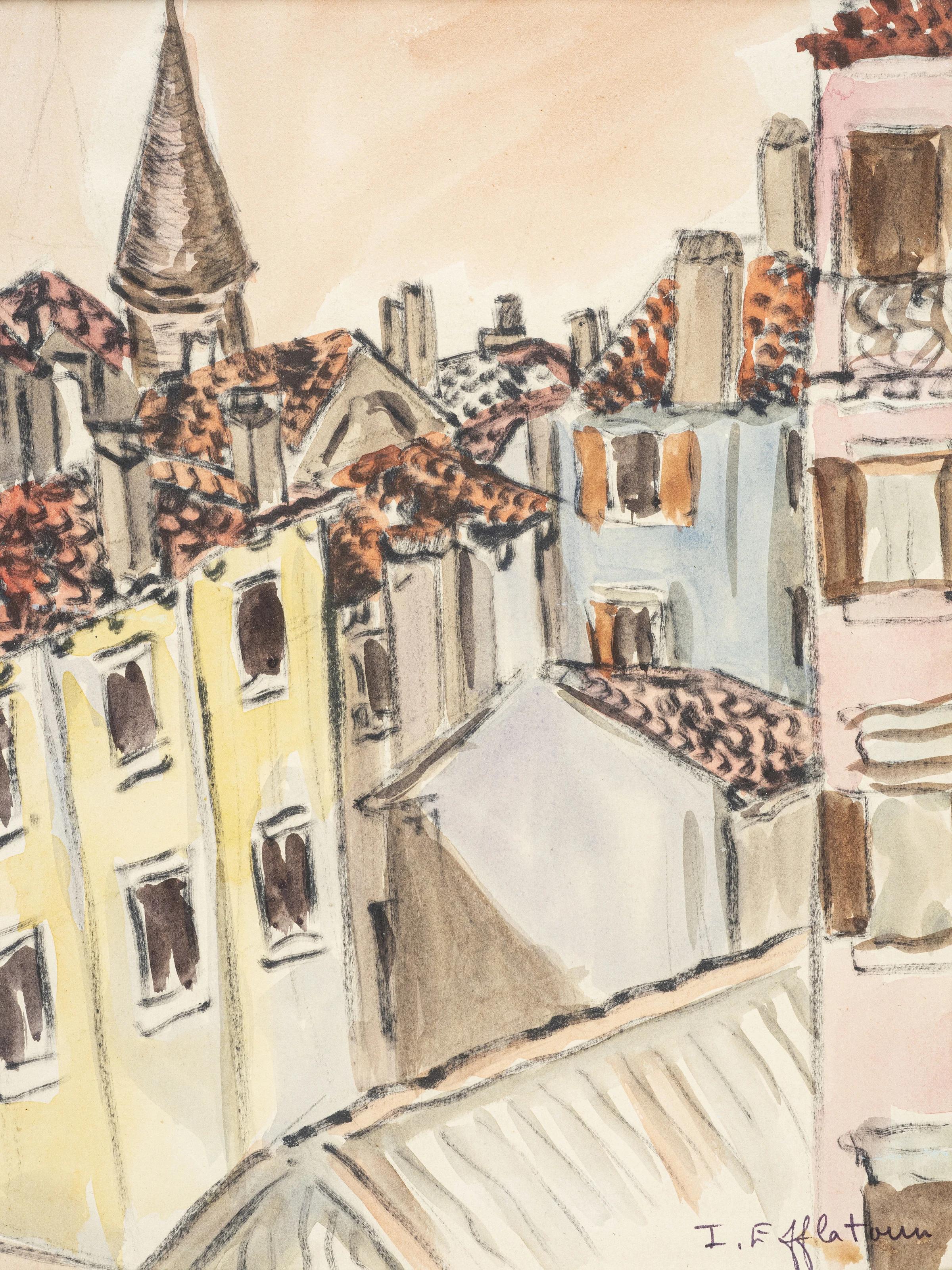 « Sarlat II », aquarelle sur papier 12" x 8" pouces par Inji Efflatoun