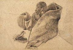 "Seated Prisoner VI" Pencil on Paper Drawing 7.5" x 11" in by Inji Efflatoun