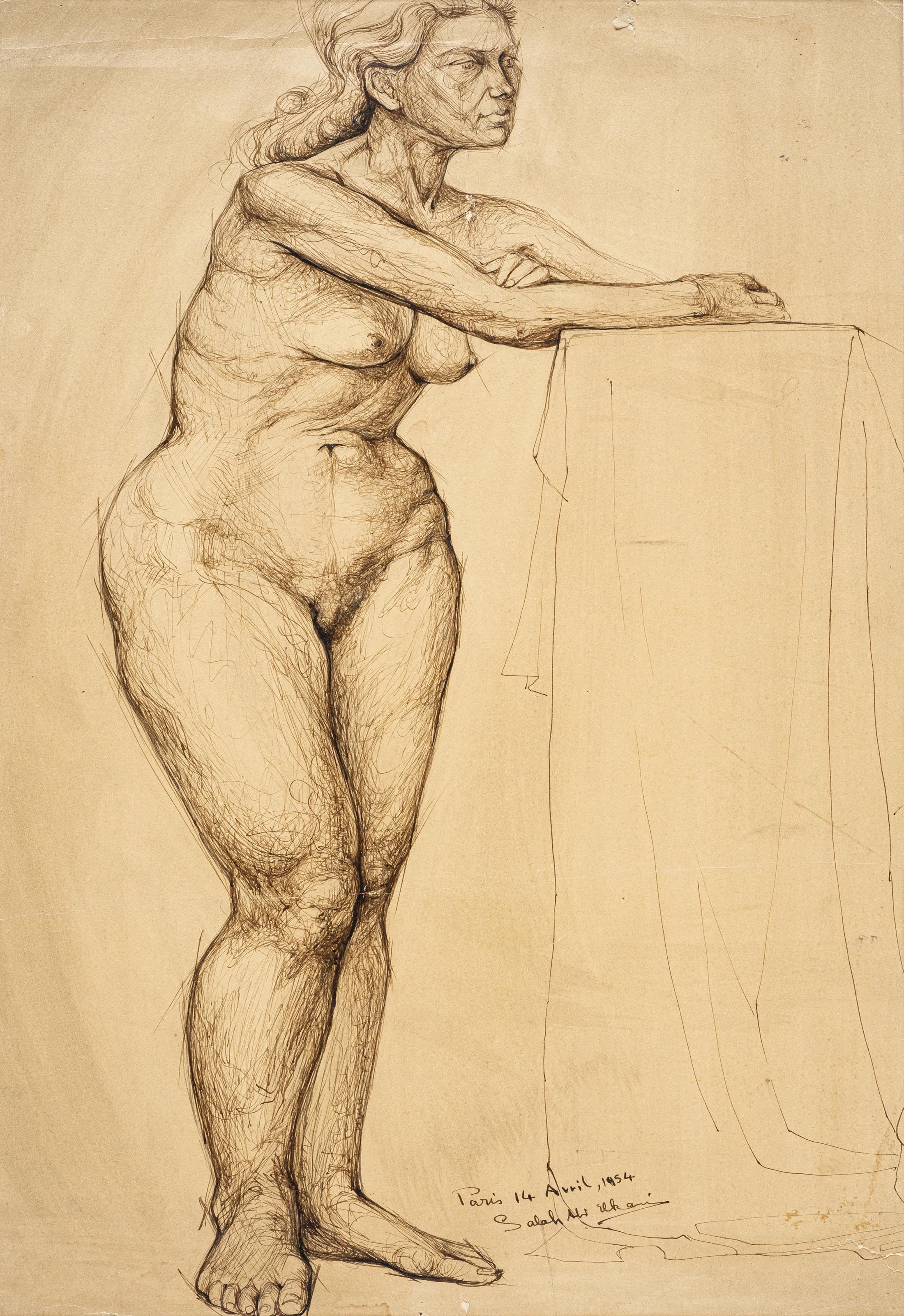 "Nude Lady" Pencil on Paper 20" x 12" inch (1954) by Salah Abdel Kerim 