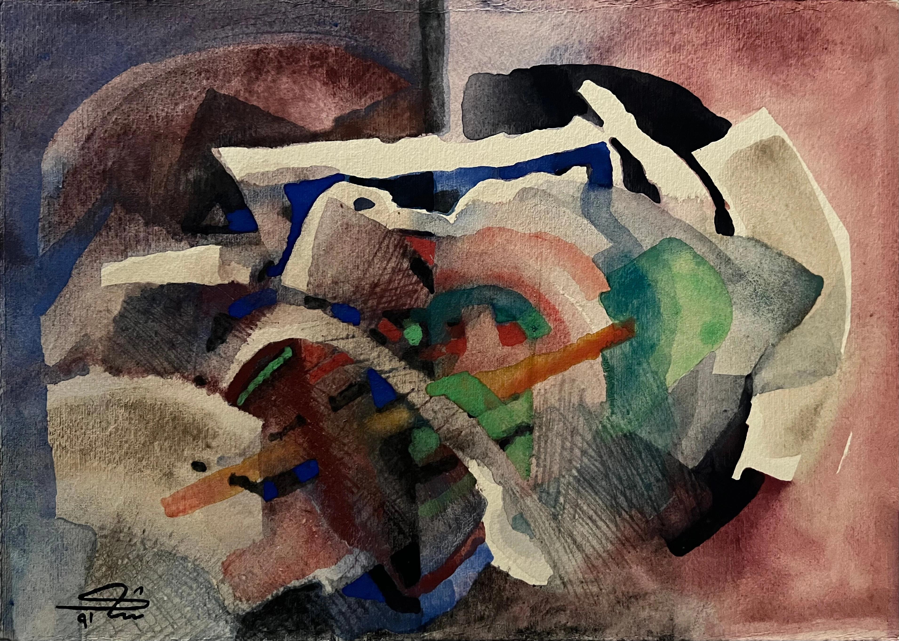 „Abstrakte Komposition IV“ Aquarellgemälde 10" x 14" in von Shaker El Maadawy