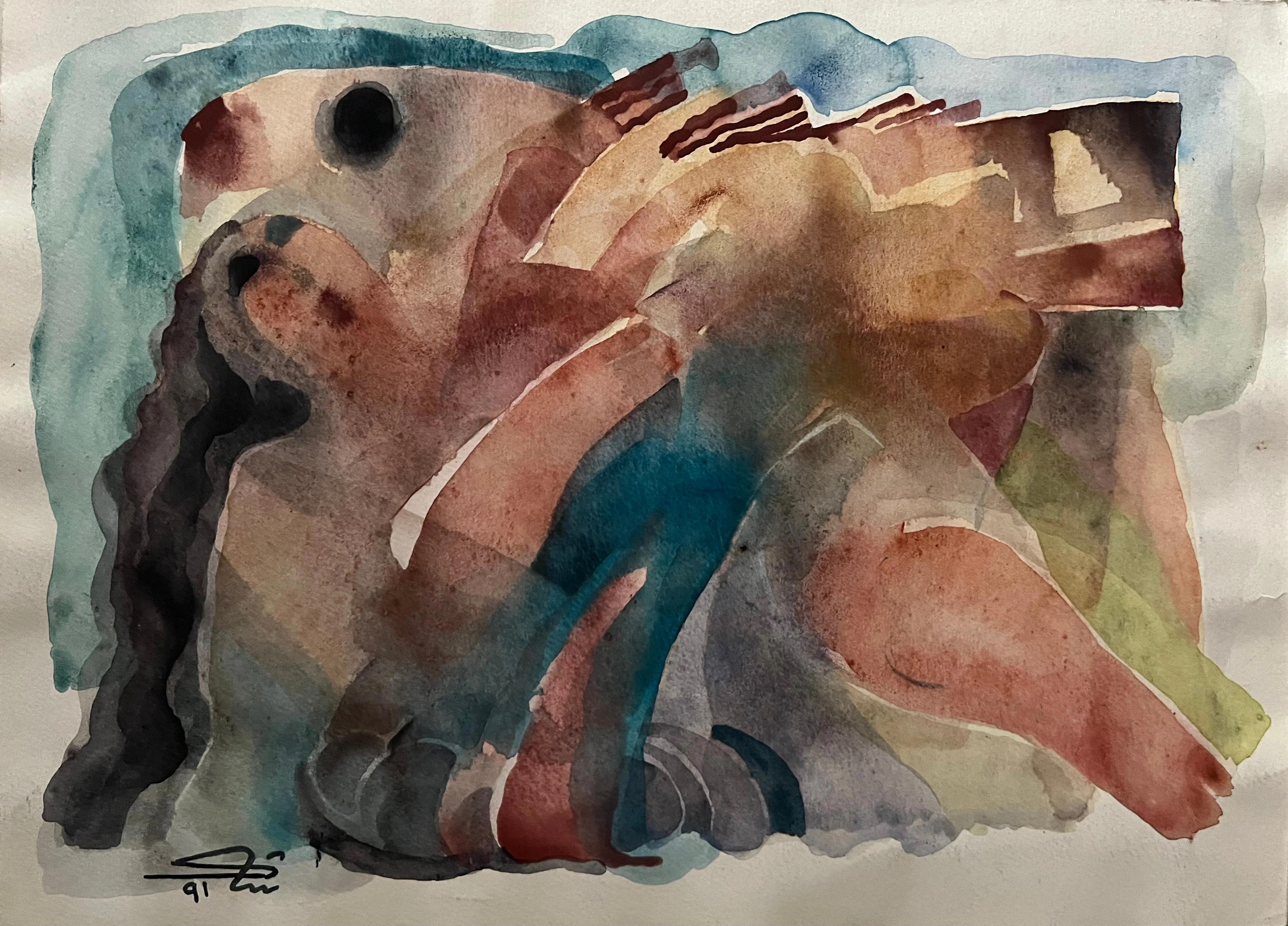 SHAKER EL MAADAWY Figurative Art – "Liegende Frau mit Fisch" Aquarellmalerei 11 x 14,5in von Shaker El Maadawy