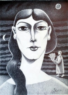 "Profil von Omdas Frau" (gerahmt) Zeichnung 14" x 10" Zoll von Omar Abdel Zaher