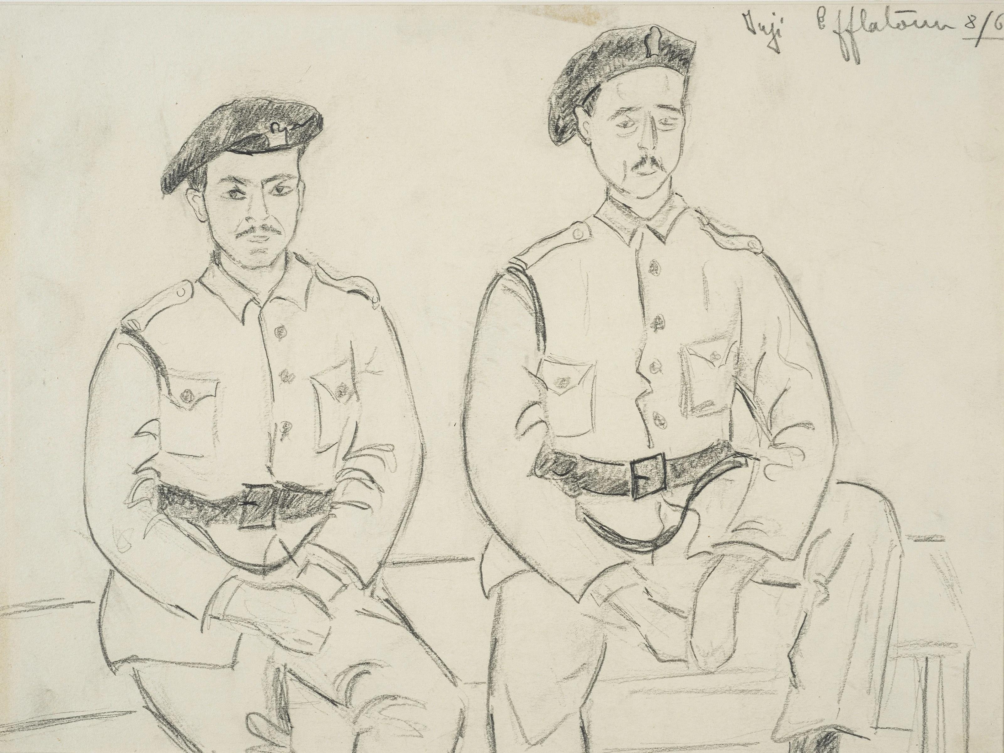 Inji EFFLATOUN Figurative Art - "Seated Officers" Pencil Drawing 10" x 14" inch (1960) by Inji Efflatoun