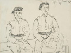 „Sitzende Offiziere“ Bleistiftzeichnung 10" x 14" Zoll (1960) von Inji Efflatoun