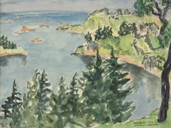 Vintage "Brehal III" Landscape Watercolor Painting 8" x 14" inch by Inji Efflatoun