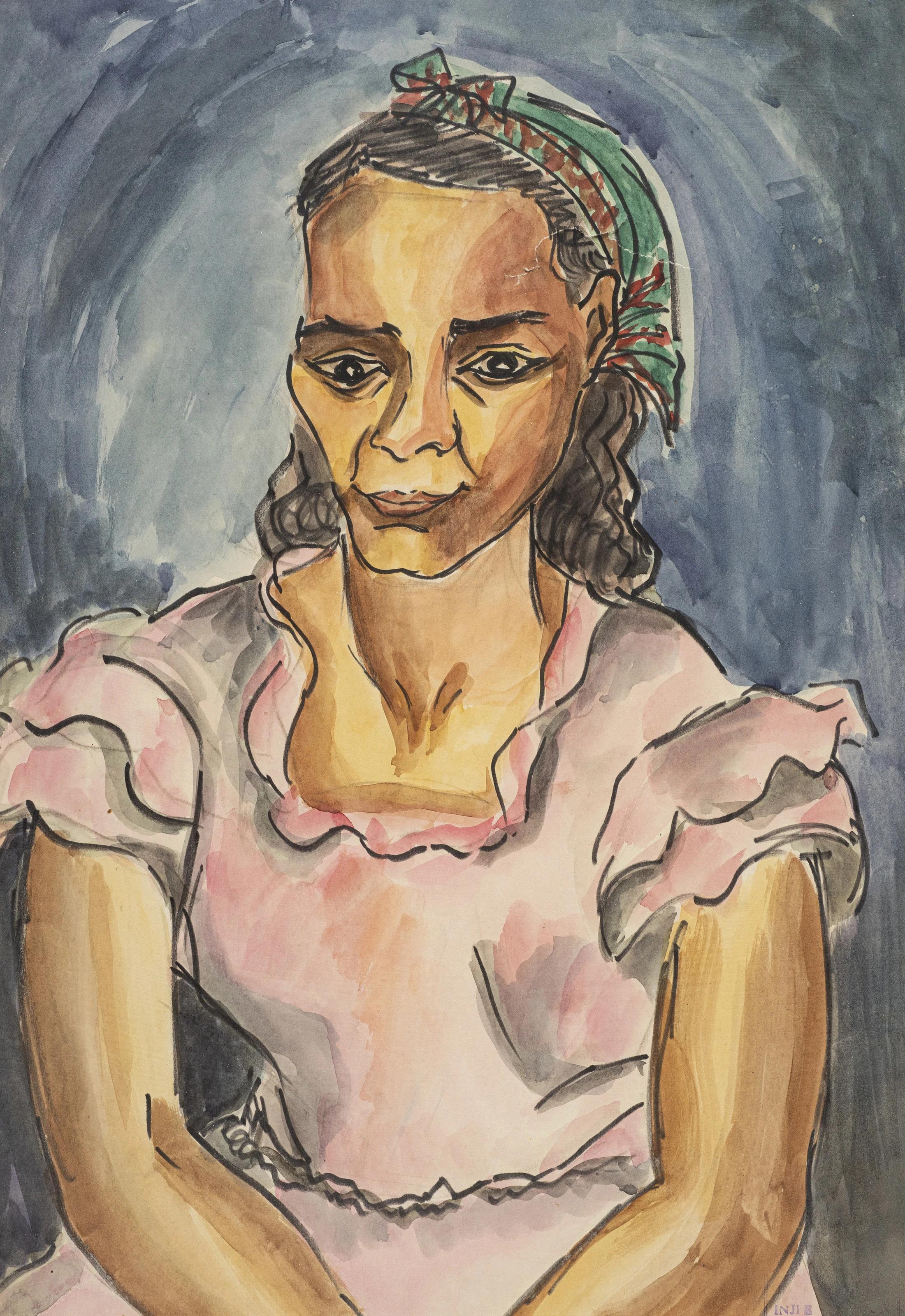 Inji EFFLATOUN Portrait - "Woman in Pink Dress" Watercolor Painting 18" x 12" inch by Inji Efflatoun