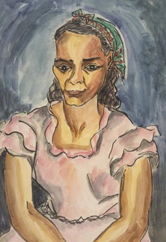 "Woman in Pink Dress" Watercolor Painting 18" x 12" inch by Inji Efflatoun