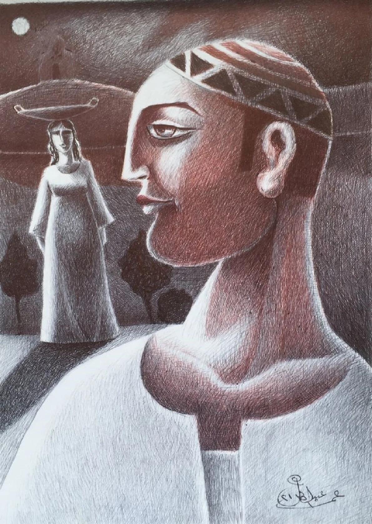 "Profilo di Omda" (FRAMED) Disegno di ritratto 14" x 10" pollici di Omar Abdel Zaher