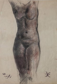 "Nude Torso" (FRAMÉ) Drawing au crayon 18" x 12" in (1975) de Zaccaria Zeini