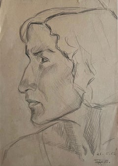 "Profil d'Inji" Dessin au crayon 11" x 8" in (1952) par Inji EFFLATOUN