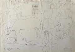 "Family with Ox" Peinture au crayon sur papier 13" x 18" pouces (1979) par Inji Efflatoun