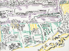 „Farmlands“ Tusche auf Papier Gemälde 12" x 20" in von Inji Efflatoun