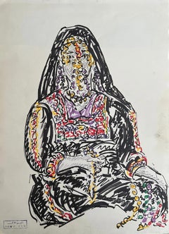 "Bedouin Woman" Pencil on Paper Painting 18" x 14" inch by Inji Efflatoun