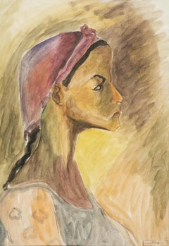 "Woman with Headscarf" Watercolor Painting 18" x 12" inch by Inji Efflatoun