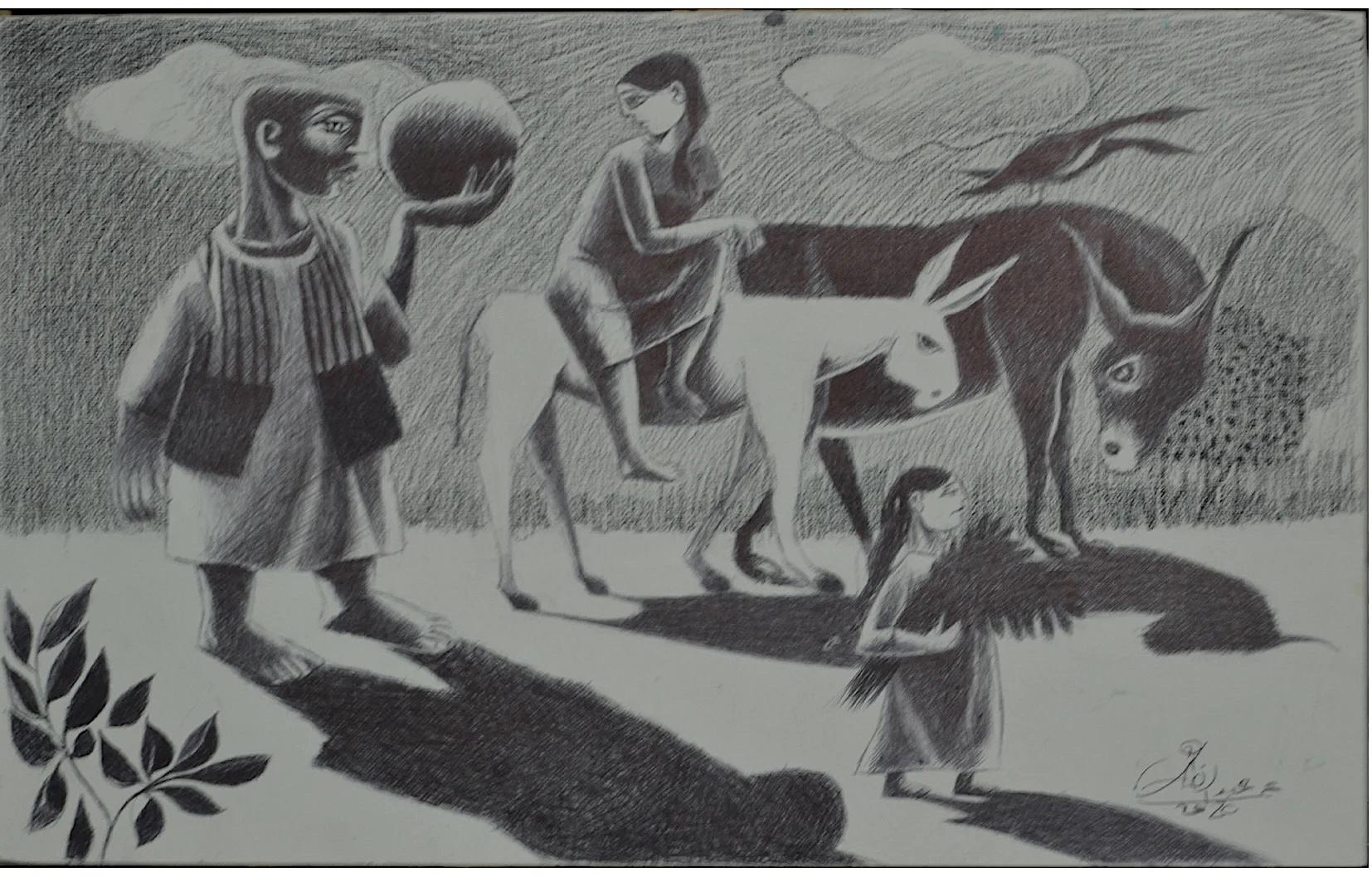 "Vendedor de sandías con mulas" Dibujo 12" x 16" pulgadas de Omar Abdel Zaher