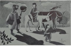 "Vendedor de sandías con mulas" Dibujo 12" x 16" pulgadas de Omar Abdel Zaher