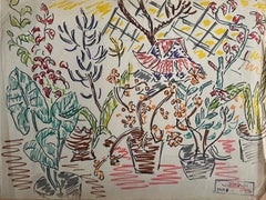 "Potted Plants" Figurative Drawing 10" x 12" inch by Inji Efflatoun