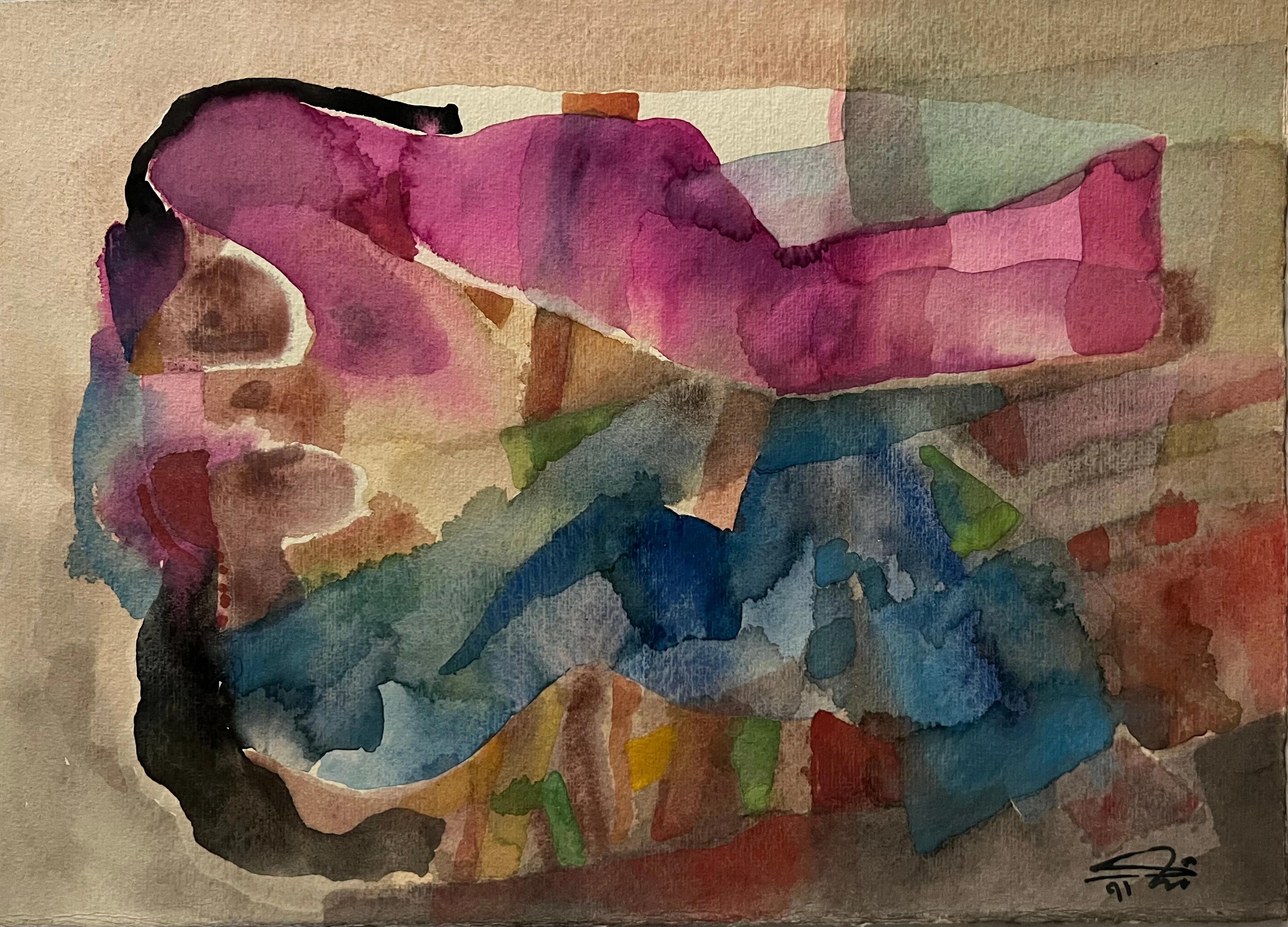 "Sleeping Figures" Watercolor Abstract Painting 10" x 14"in by Shaker El Maadawy