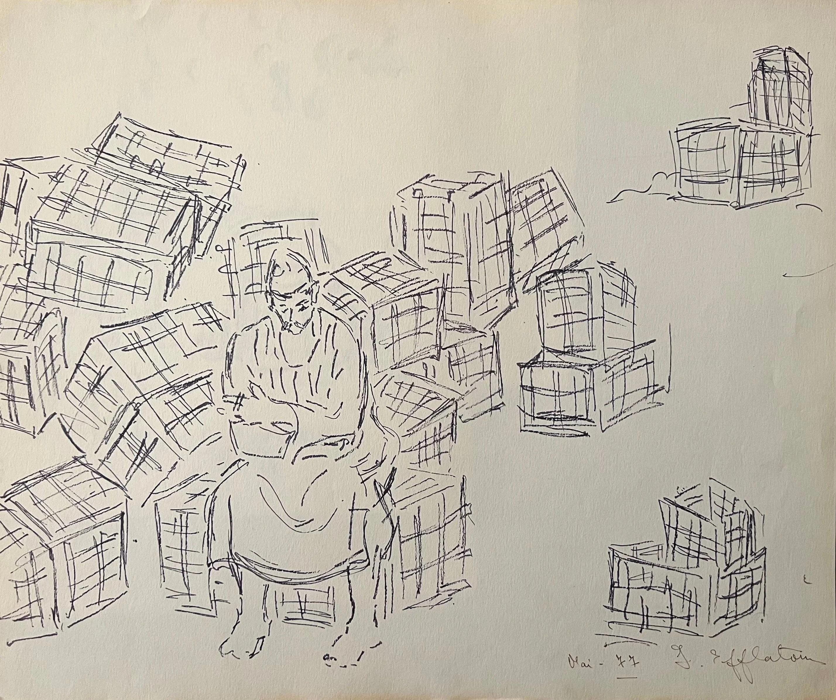 „Villager on Crates“ Bleistiftzeichnung 14" x 16,5" in (1977) von Inji Efflatoun