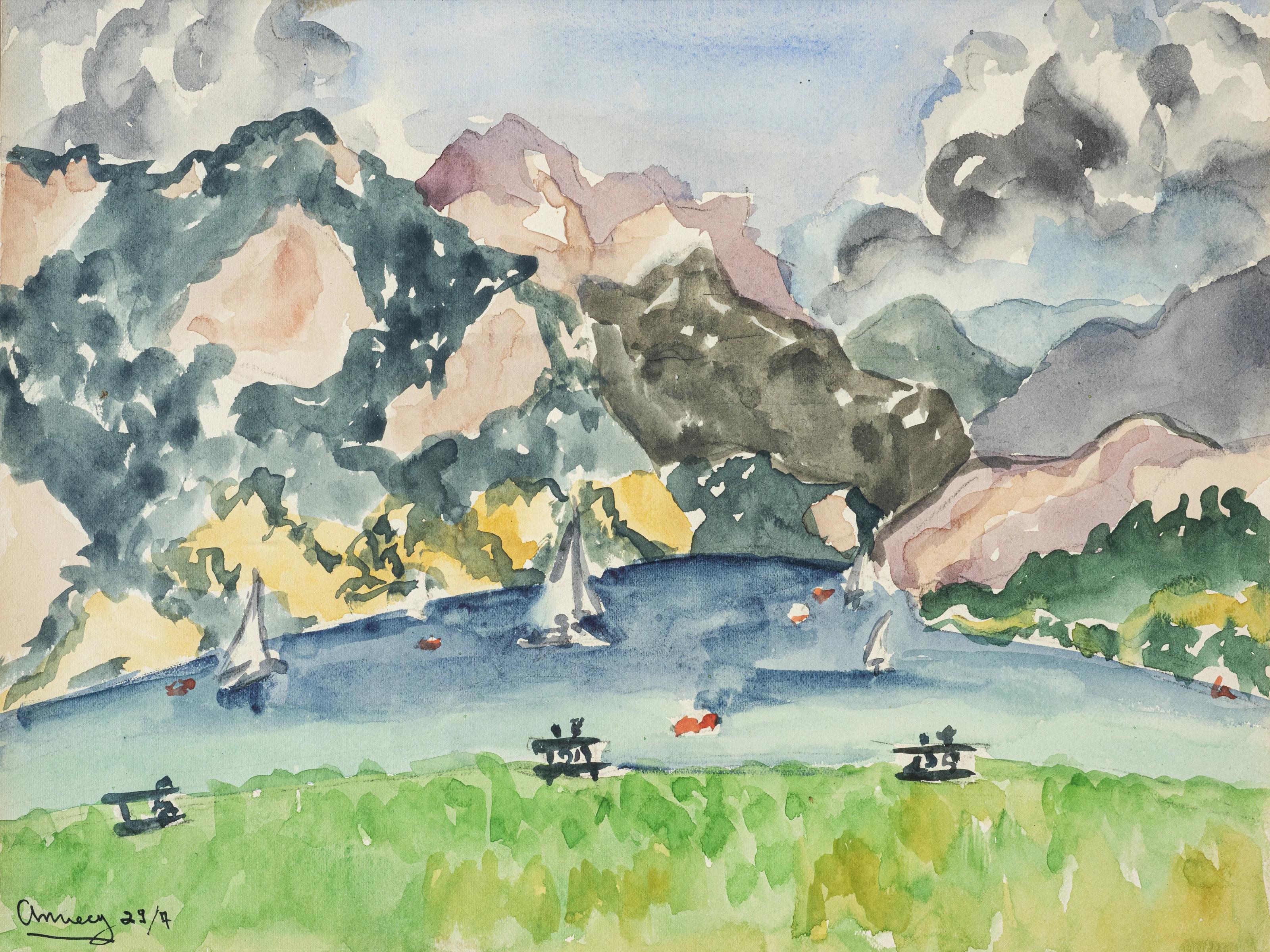 "Lac d'Annecy II" Paesaggio dipinto ad acquerello 10" x 12" pollici da Inji EFFLATOUN
