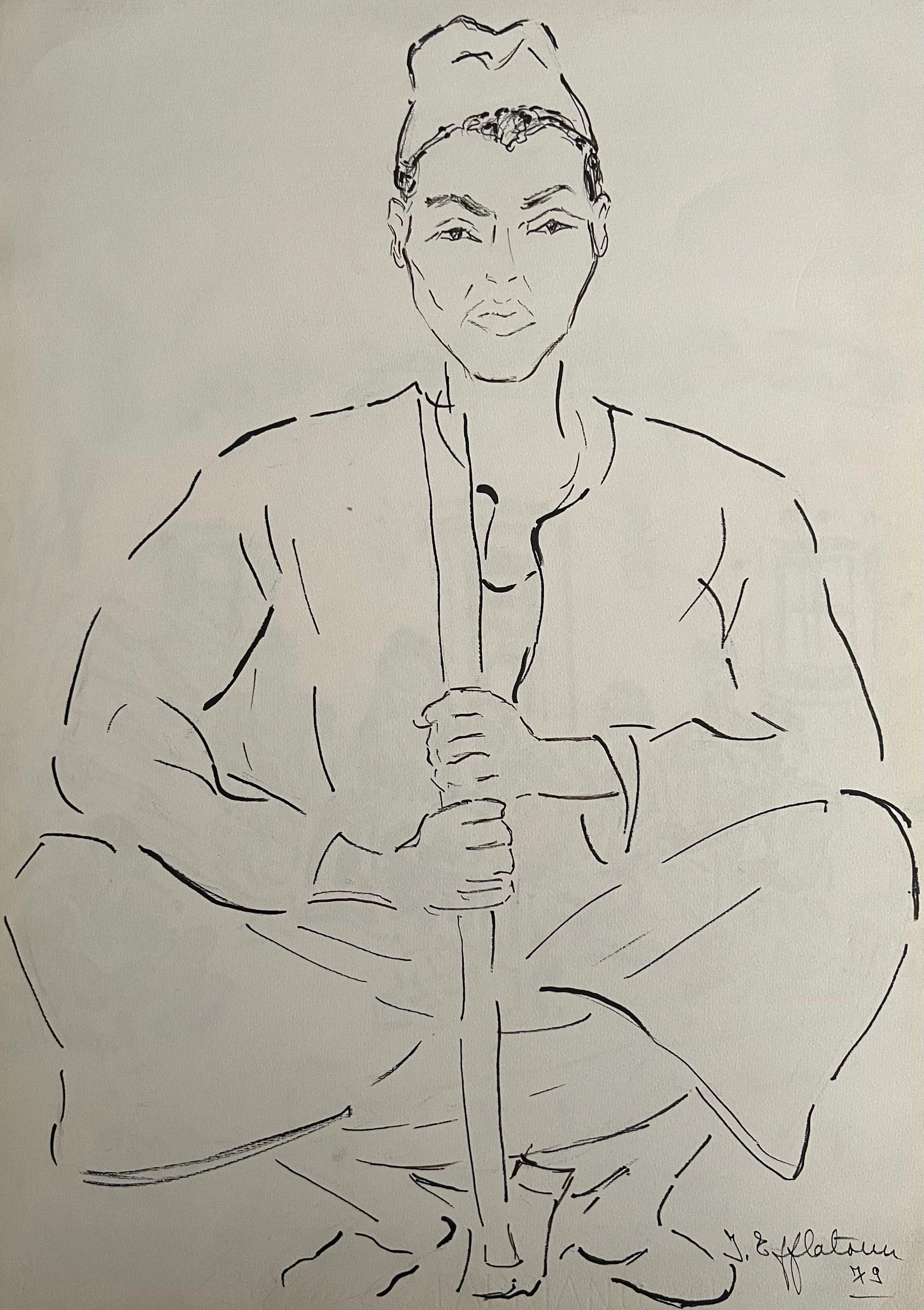 "Villager with Cane" Drawing 18" x 13" in (circa 1979) d'Inji Efflatoun