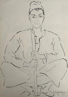 "Villager with Cane" Drawing 18" x 13" in (circa 1979) d'Inji Efflatoun