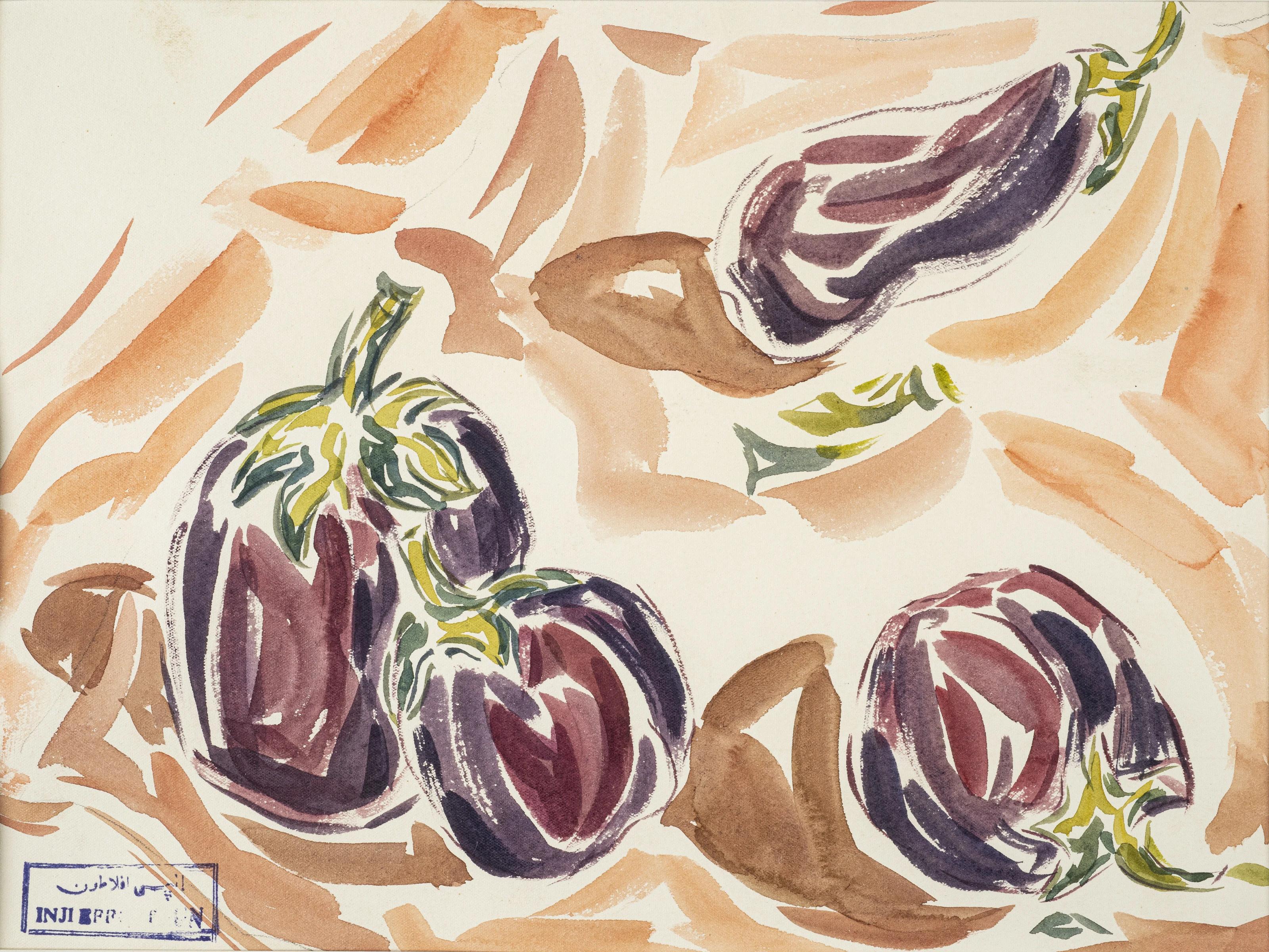 "Melanzane I" Natura morta acquerellata 10" x 14" pollici di Inji EFFLATOUN

Timbro della proprietà dell'artista.
Non firmato.

Inji Eflatoun ha compiuto studi artistici gratuiti. Dal 1942 ha partecipato alle mostre del "Gruppo Arte e Libertà" di